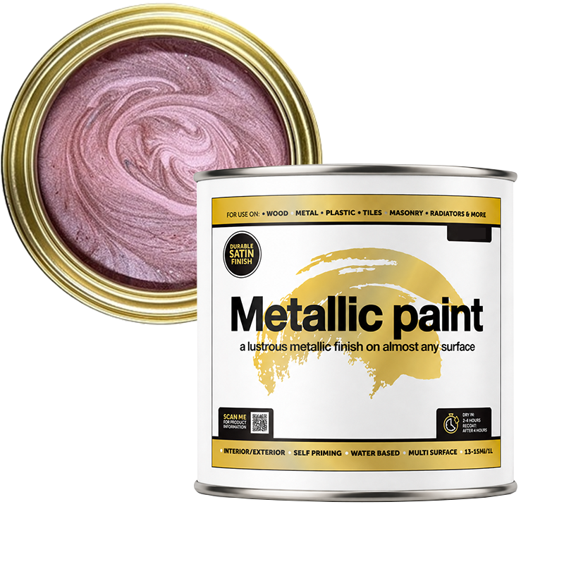 Can of metallic paint with a swatch of pink paint on a white background