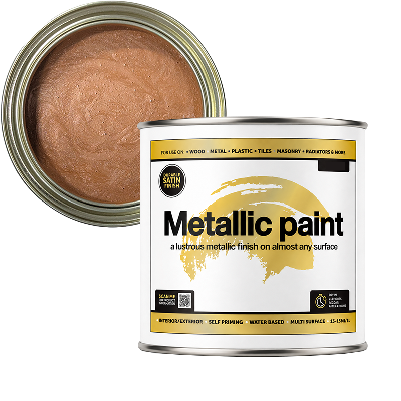 Can of orange metallic paint with a close-up of the paint inside, on a white background