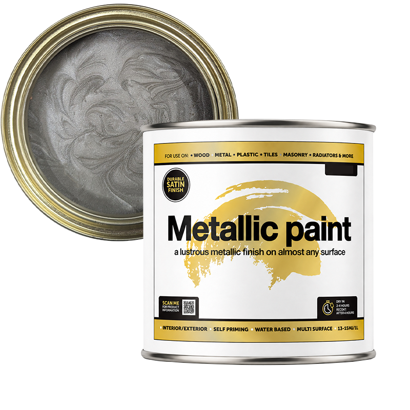 Can of pearl metallic paint with a gold lid on a white background