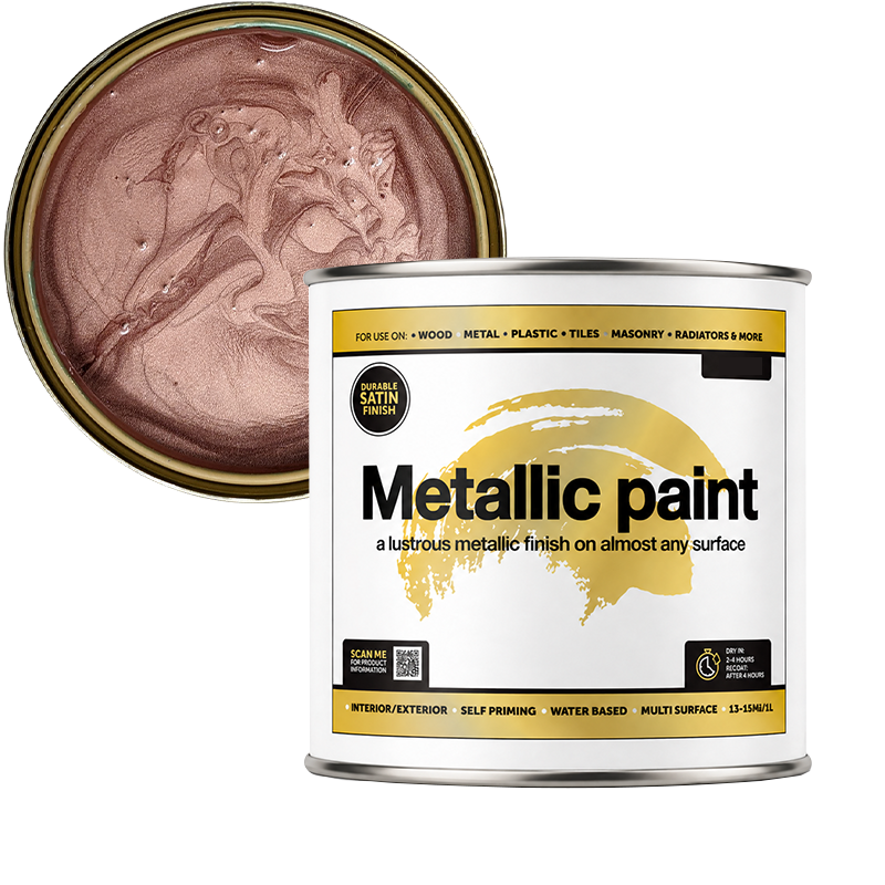 Can of metallic paint with a close-up of the copper paint inside, on a white background