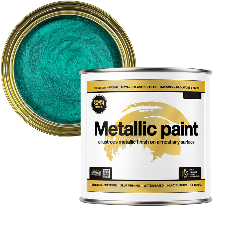 Can of metallic paint with green colour swatch on a white background