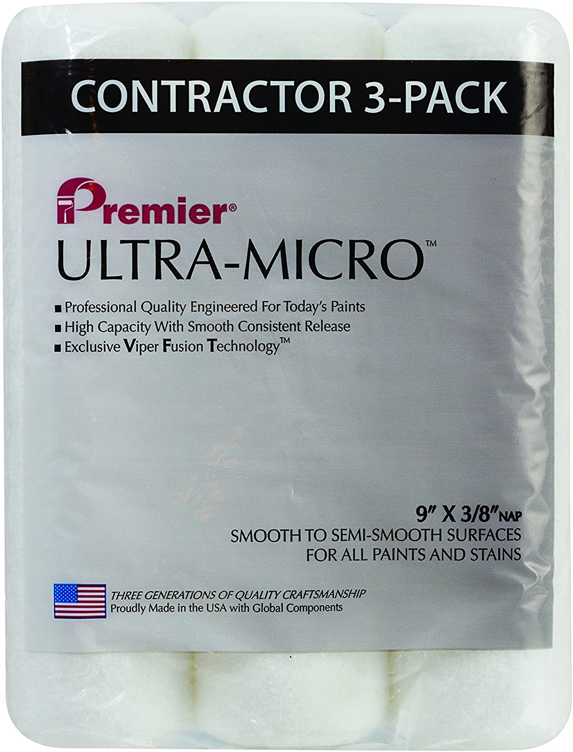 Premier Ultra-Micro 9" X 3/8" Roller Sleeves 3 Pack USA